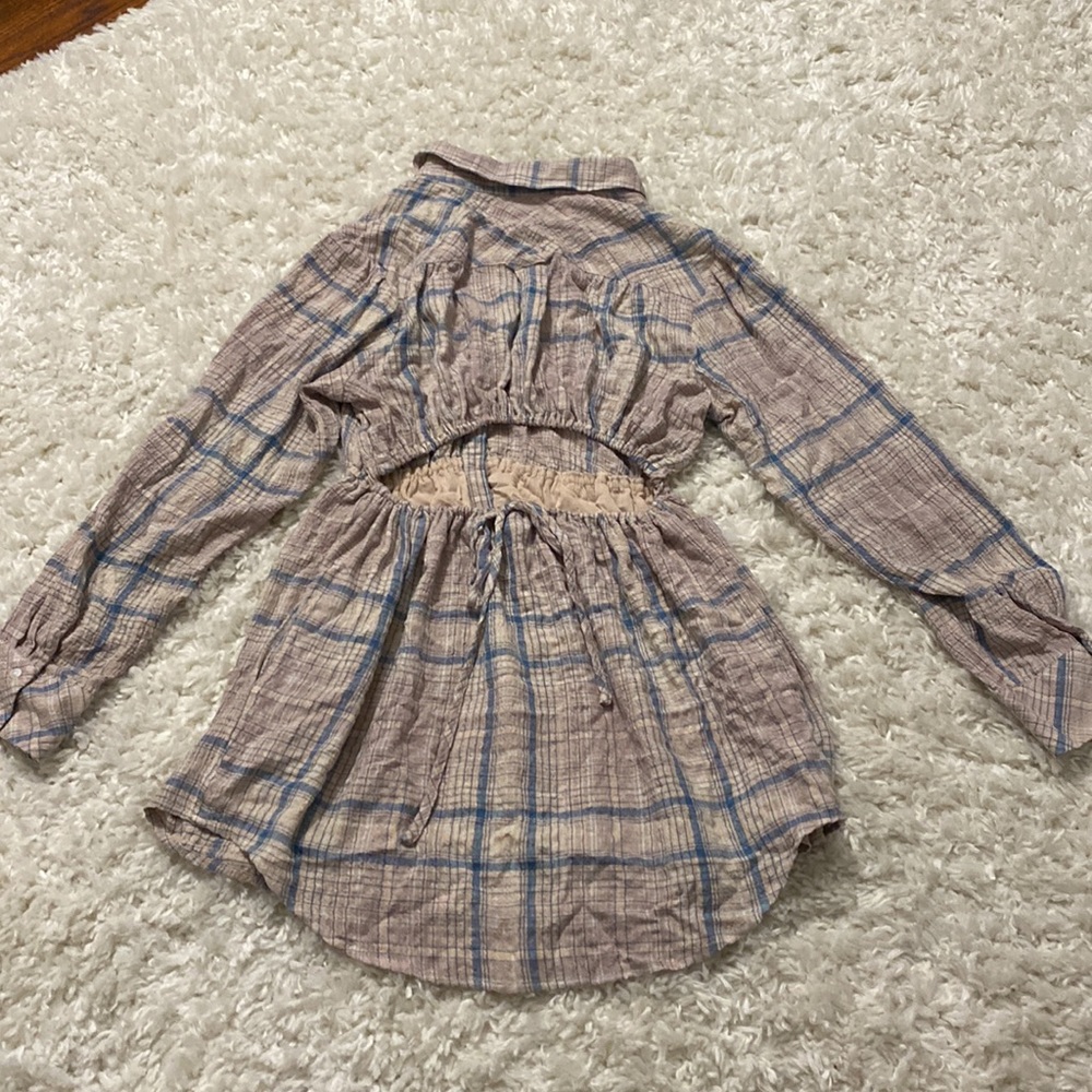 Free People Cream Plaid Long Sleeve Mini Dress - Picture 6 of 6